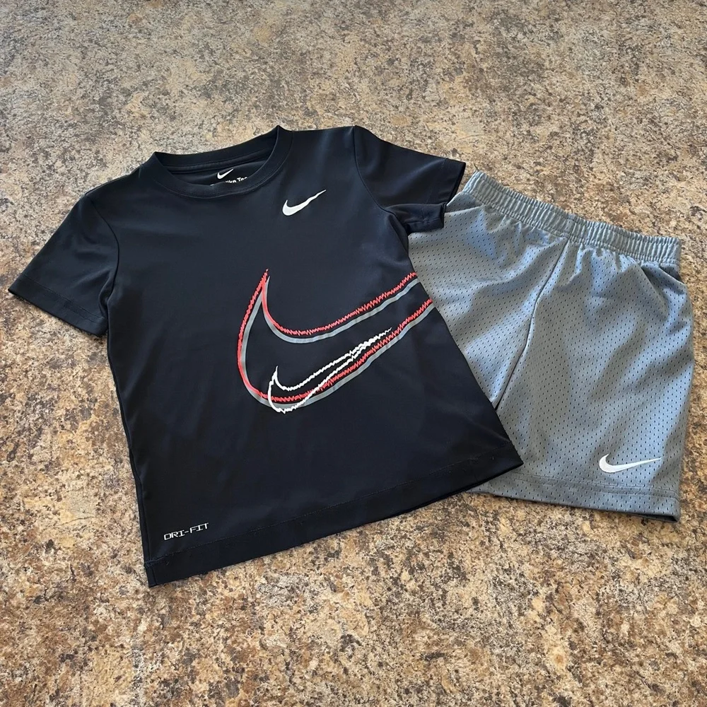 Nike Boys Dri-Fit Short Sleeve Tee Gym Shorts Athletic Sporty Matching Set Sz 6